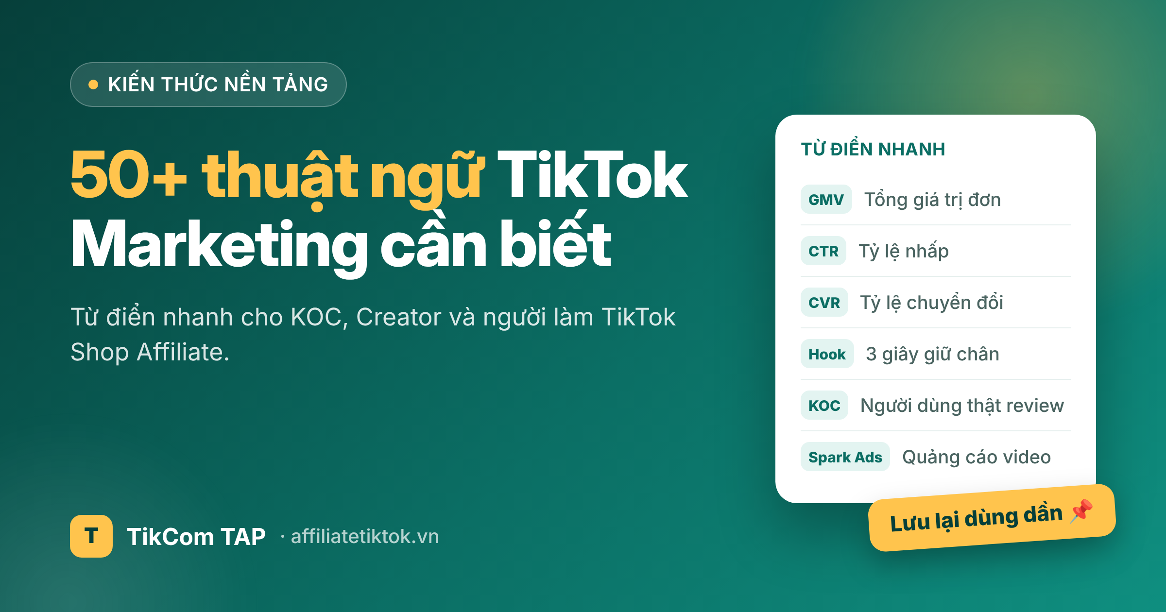 Banner 50+ thuật ngữ TikTok Marketing cần biết với các ví dụ GMV, CTR, CVR, Hook, KOC, Spark Ads